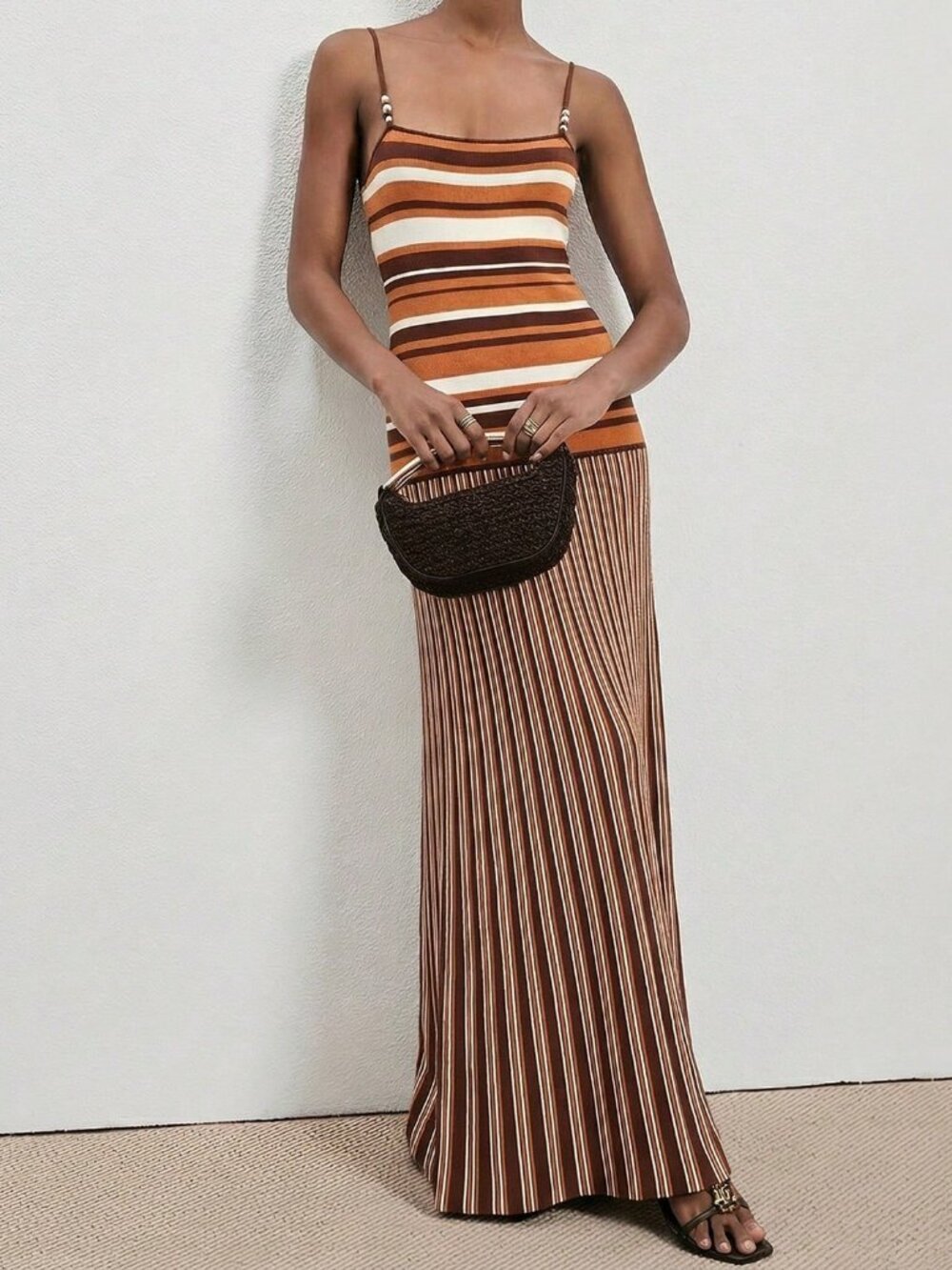 Brown Casual Women's Striped Minimalist Camisole Sweater Dress - Picture 4 of 6